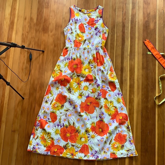 70s belted floral maxi dress orange purple M - Picture 3 of 5
